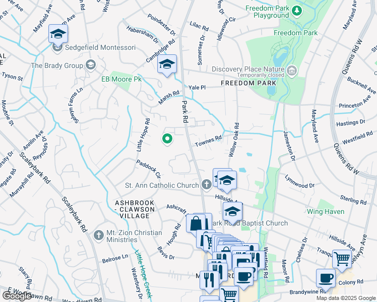 map of restaurants, bars, coffee shops, grocery stores, and more near 3512 Park Road in Charlotte