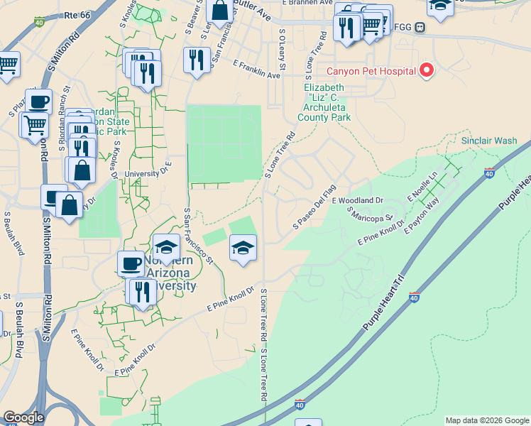 map of restaurants, bars, coffee shops, grocery stores, and more near 1320 South Lone Tree Road in Flagstaff