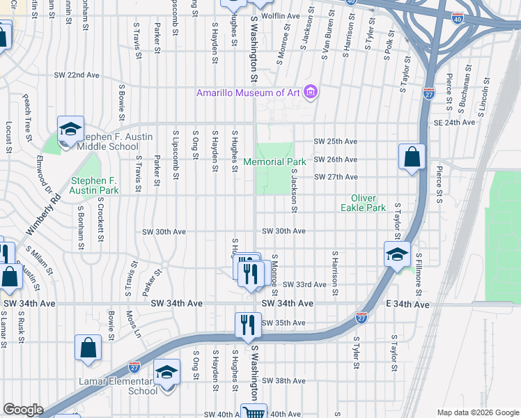 map of restaurants, bars, coffee shops, grocery stores, and more near 2905 S Washington St in Amarillo