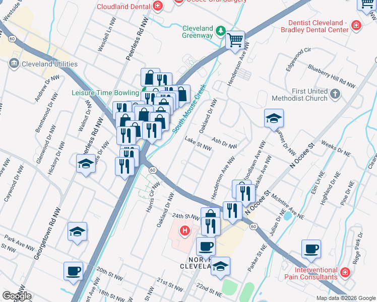 map of restaurants, bars, coffee shops, grocery stores, and more near 450 Neal Drive Northwest in Cleveland
