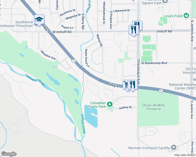 map of restaurants, bars, coffee shops, grocery stores, and more near 863 Oklahoma 9 in Norman