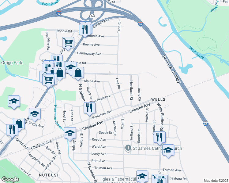 map of restaurants, bars, coffee shops, grocery stores, and more near 4119 Pikes Peak Avenue in Memphis