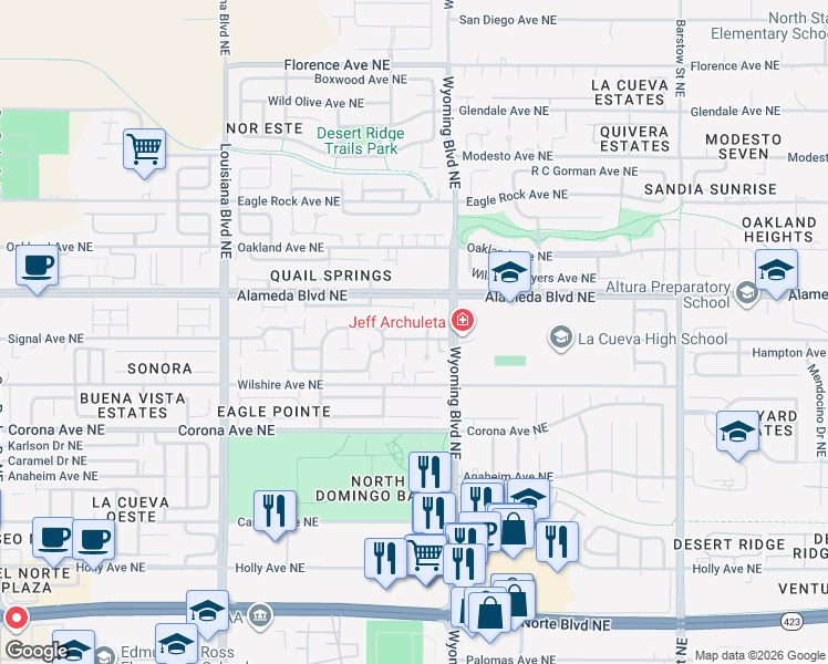 map of restaurants, bars, coffee shops, grocery stores, and more near 8632 Desert Dusk Court Northwest in Albuquerque