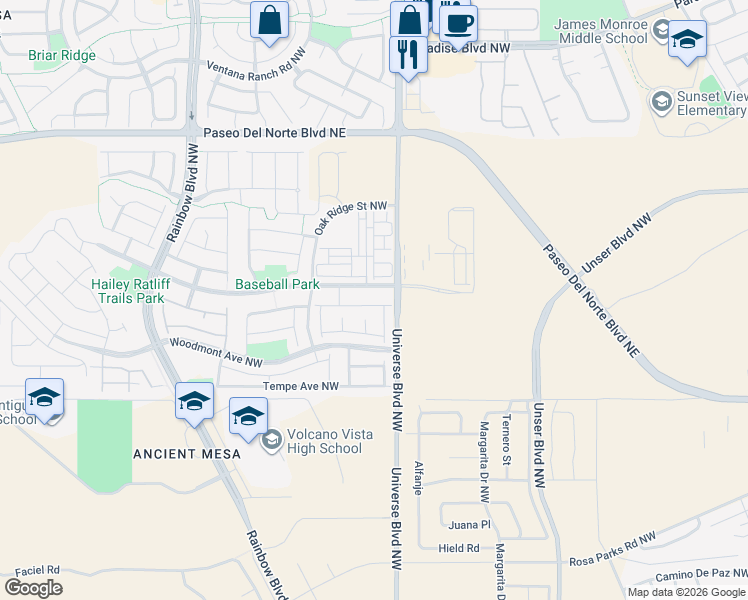 map of restaurants, bars, coffee shops, grocery stores, and more near 8924 Mission Ridge Drive in Albuquerque