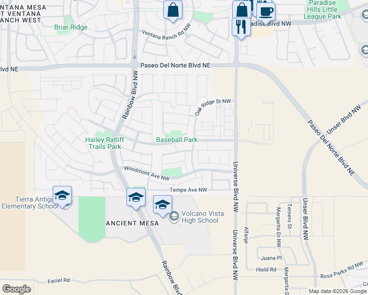 map of restaurants, bars, coffee shops, grocery stores, and more near 6923 Hawkwatch Road Northwest in Albuquerque