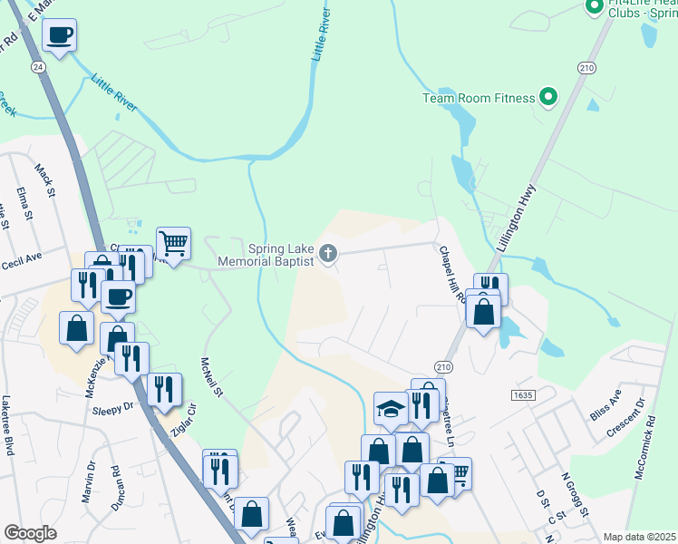 map of restaurants, bars, coffee shops, grocery stores, and more near 1207 Yancy Court in Spring Lake