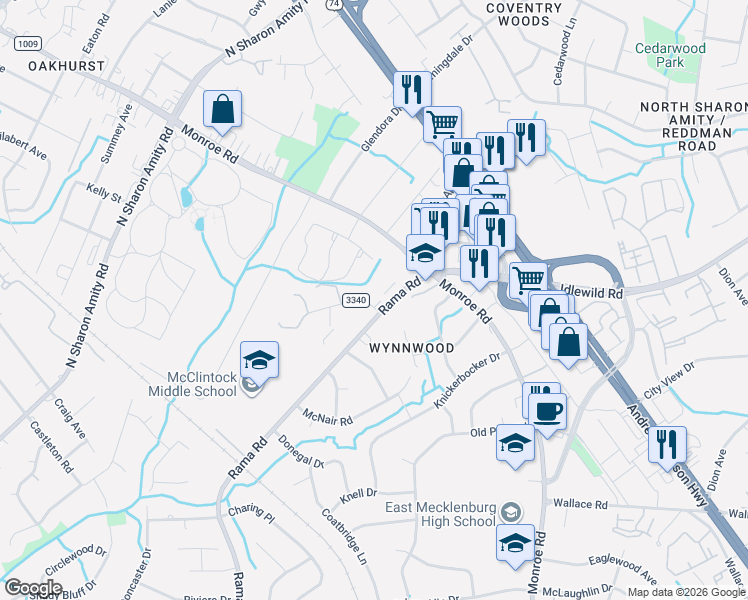 map of restaurants, bars, coffee shops, grocery stores, and more near 2209 Rama Road in Charlotte