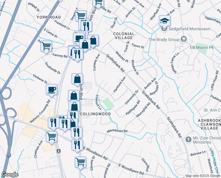 map of restaurants, bars, coffee shops, grocery stores, and more near 501 Bartling Road in Charlotte