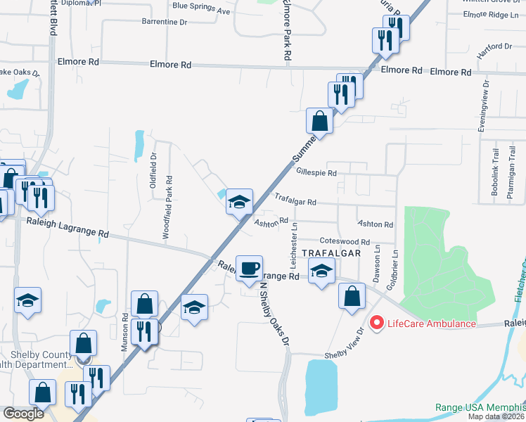 map of restaurants, bars, coffee shops, grocery stores, and more near 6217 Ashton Road in Memphis