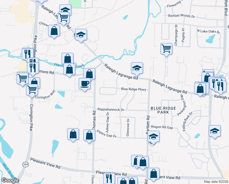 map of restaurants, bars, coffee shops, grocery stores, and more near 5369 Rock Ridge Road in Memphis