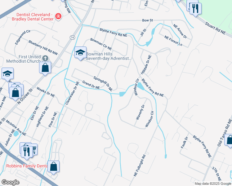 map of restaurants, bars, coffee shops, grocery stores, and more near 590 Springhill Drive Northeast in Cleveland