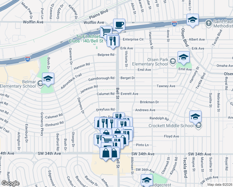 map of restaurants, bars, coffee shops, grocery stores, and more near 2900 Bell Street in Amarillo