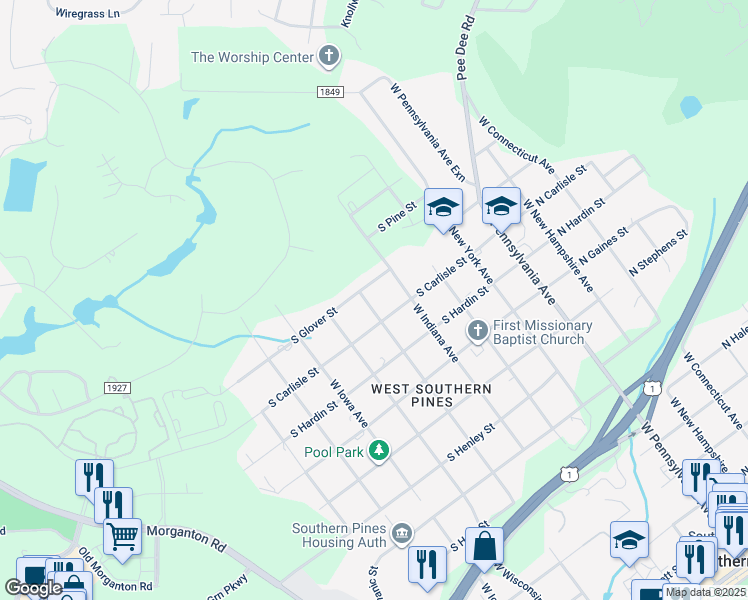 map of restaurants, bars, coffee shops, grocery stores, and more near 1275 West Illinois Avenue in Southern Pines