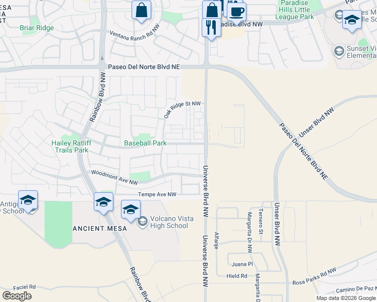 map of restaurants, bars, coffee shops, grocery stores, and more near 8923 Snow Creek Court Northwest in Albuquerque