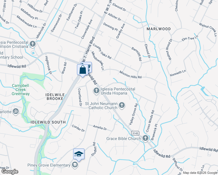 map of restaurants, bars, coffee shops, grocery stores, and more near 8327 Idlewild Road in Charlotte