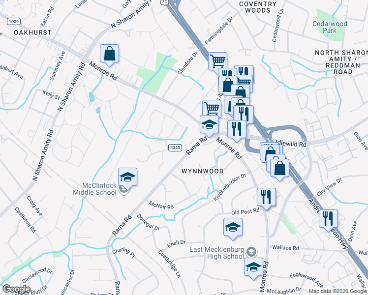 map of restaurants, bars, coffee shops, grocery stores, and more near 2209 Rama Road in Charlotte
