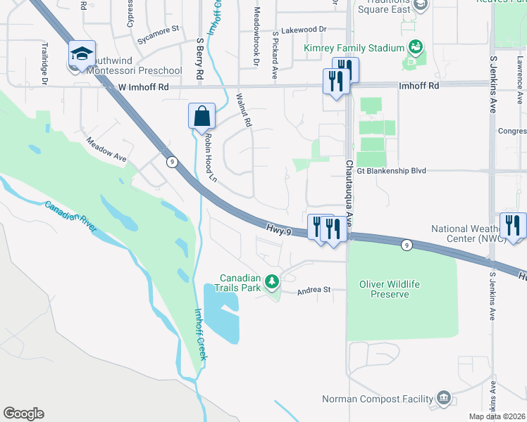map of restaurants, bars, coffee shops, grocery stores, and more near 929 Heather Glen Terrace in Norman