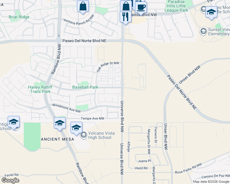 map of restaurants, bars, coffee shops, grocery stores, and more near 8924 Mission Ridge Drive in Albuquerque
