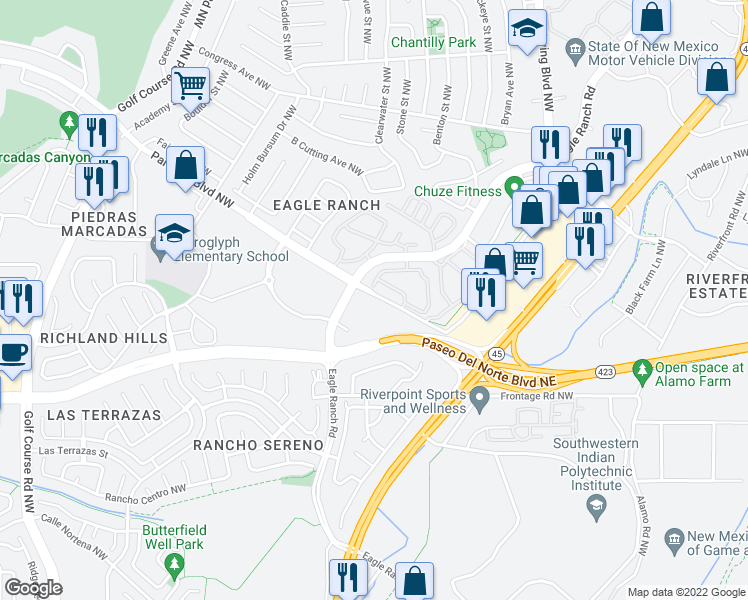 map of restaurants, bars, coffee shops, grocery stores, and more near 6100 Paradise Blvd in Albuquerque
