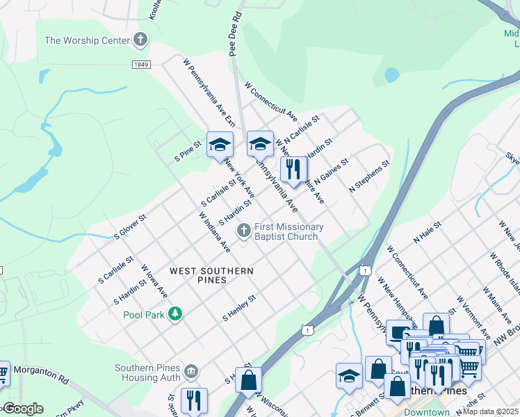 map of restaurants, bars, coffee shops, grocery stores, and more near 1050 West New York Avenue in Southern Pines