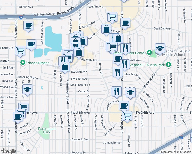 map of restaurants, bars, coffee shops, grocery stores, and more near 3008 Southwest 28th Avenue in Amarillo