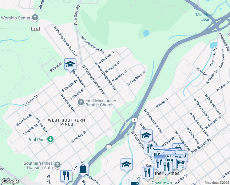map of restaurants, bars, coffee shops, grocery stores, and more near 900 West New Hampshire Avenue in Southern Pines