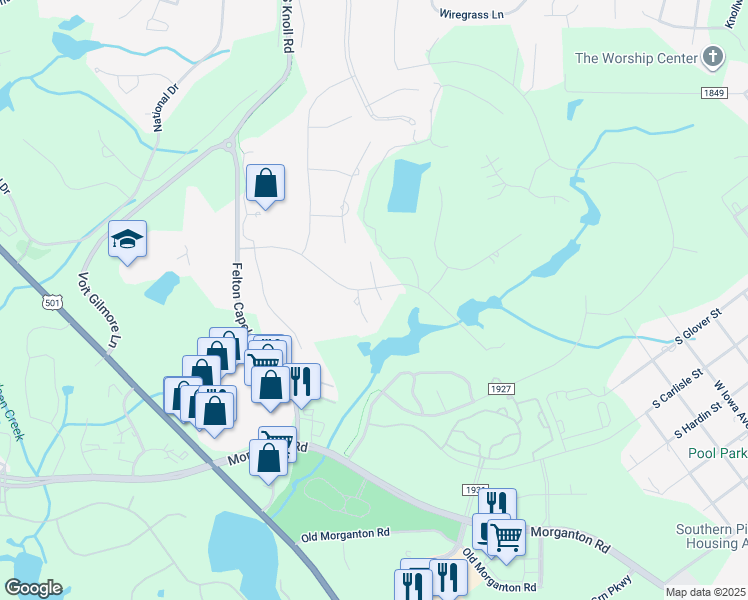 map of restaurants, bars, coffee shops, grocery stores, and more near 203 Plantation Drive in Southern Pines