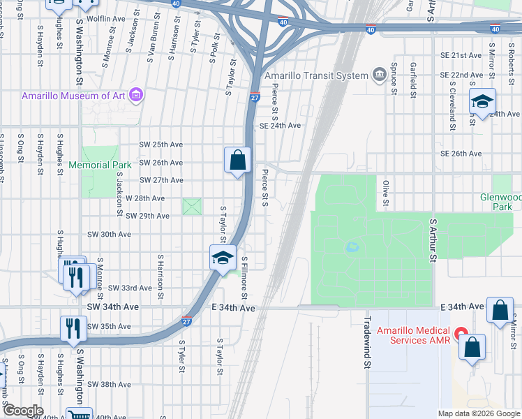 map of restaurants, bars, coffee shops, grocery stores, and more near 2806 South Pierce Street in Amarillo