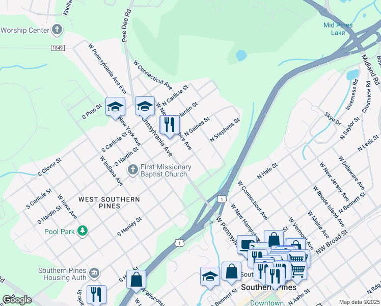 map of restaurants, bars, coffee shops, grocery stores, and more near 900 West New Hampshire Avenue in Southern Pines