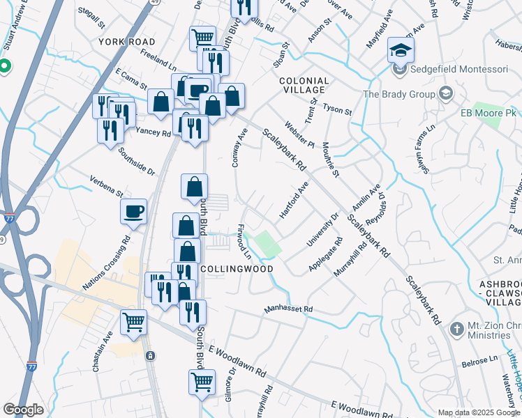 map of restaurants, bars, coffee shops, grocery stores, and more near 4125 Conway Avenue in Charlotte