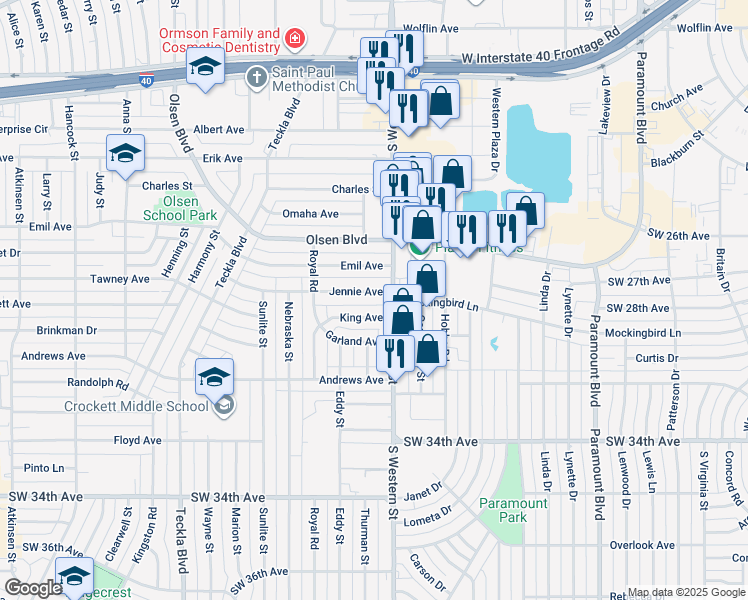 map of restaurants, bars, coffee shops, grocery stores, and more near 4202 Jennie Avenue in Amarillo