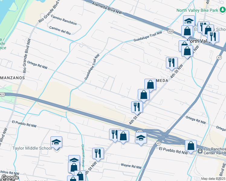 map of restaurants, bars, coffee shops, grocery stores, and more near 8912 8th Street in Albuquerque