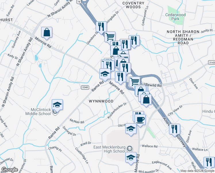 map of restaurants, bars, coffee shops, grocery stores, and more near in Charlotte
