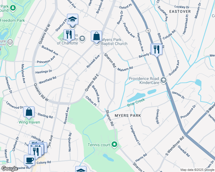 map of restaurants, bars, coffee shops, grocery stores, and more near 2700 Briarcliff Place in Charlotte