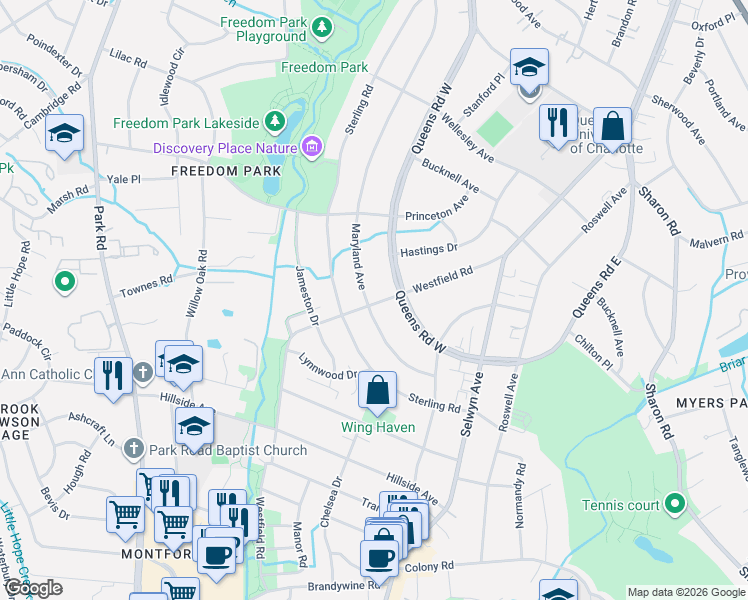 map of restaurants, bars, coffee shops, grocery stores, and more near 1867 Maryland Avenue in Charlotte