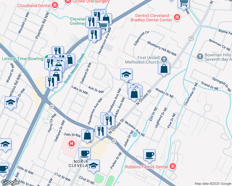 map of restaurants, bars, coffee shops, grocery stores, and more near 3007 Woodlawn Avenue Northwest in Cleveland