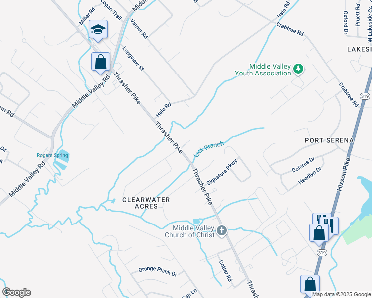map of restaurants, bars, coffee shops, grocery stores, and more near 1759 Thrasher Pike in Middle Valley