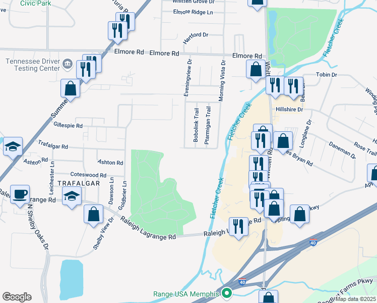 map of restaurants, bars, coffee shops, grocery stores, and more near 2145 Bobolink Trail in Memphis