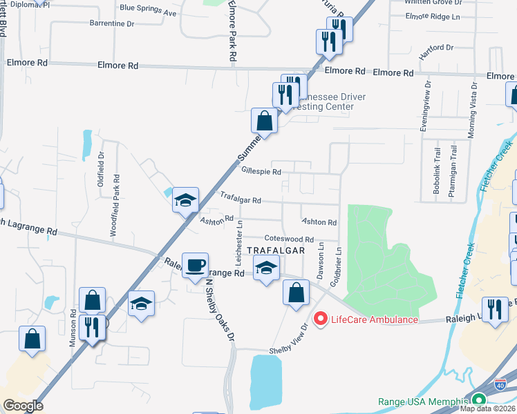 map of restaurants, bars, coffee shops, grocery stores, and more near 6308 Trafalgar Road in Memphis