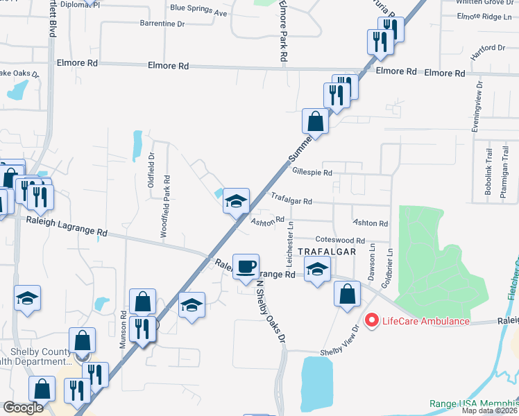 map of restaurants, bars, coffee shops, grocery stores, and more near 6203 Summer Avenue in Memphis