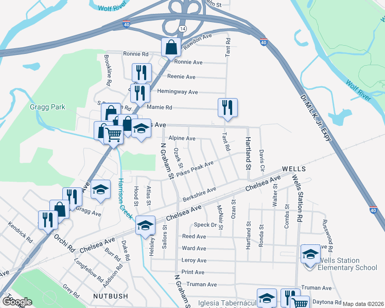 map of restaurants, bars, coffee shops, grocery stores, and more near 1911 Sierra Street in Memphis