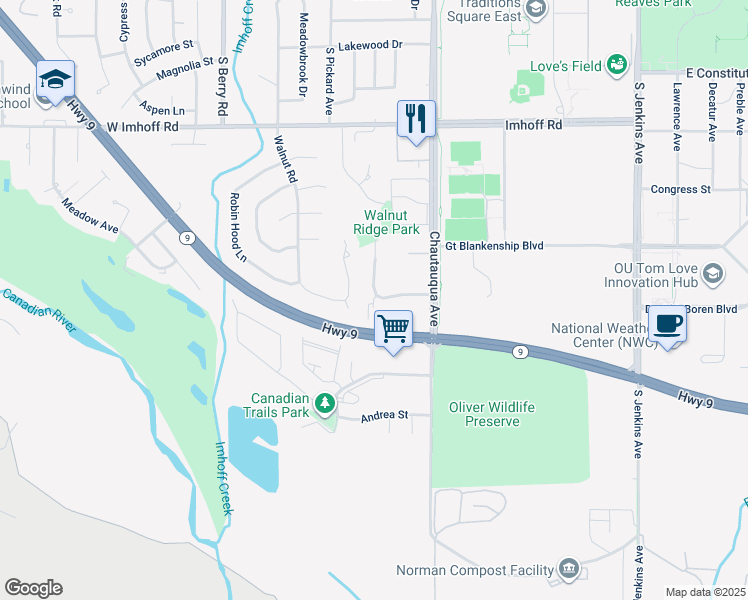 map of restaurants, bars, coffee shops, grocery stores, and more near 3287 Ridgecrest Court in Norman