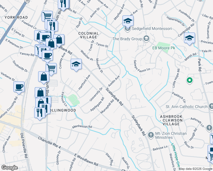 map of restaurants, bars, coffee shops, grocery stores, and more near 3852 Moultrie Street in Charlotte