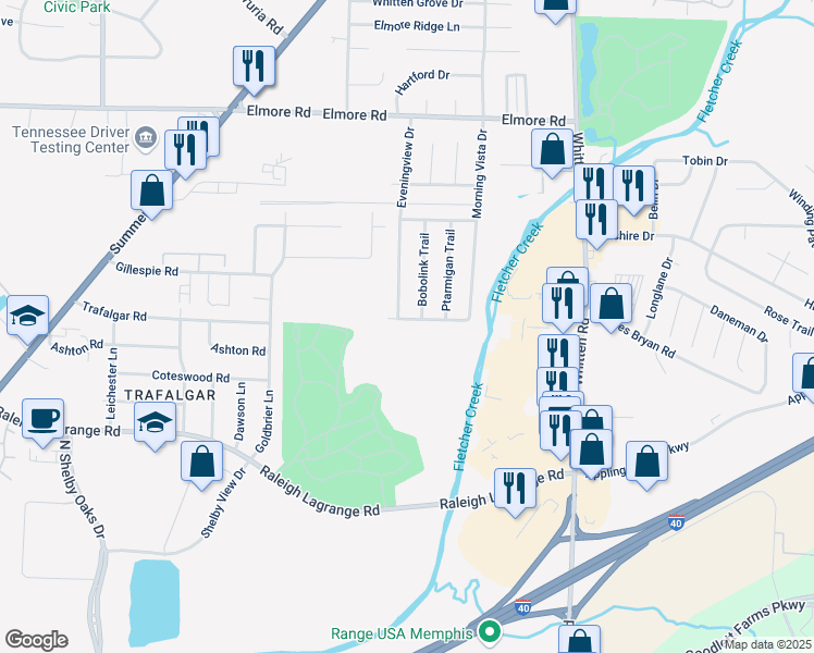 map of restaurants, bars, coffee shops, grocery stores, and more near 2145 Bobolink Trail in Memphis