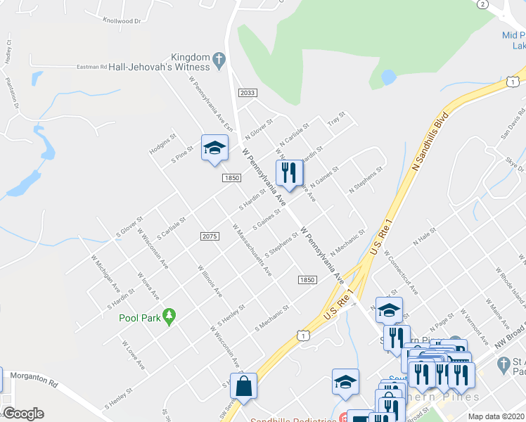 map of restaurants, bars, coffee shops, grocery stores, and more near 1023 West New York Avenue in Southern Pines