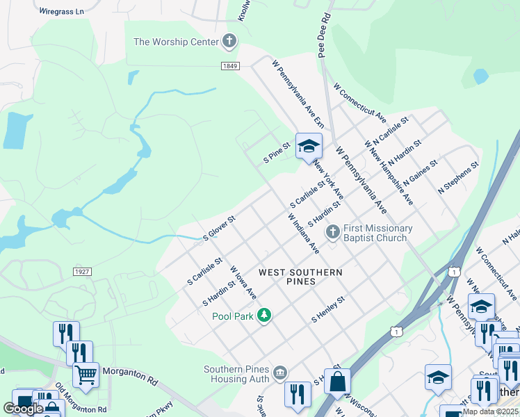map of restaurants, bars, coffee shops, grocery stores, and more near 1275 West Illinois Avenue in Southern Pines
