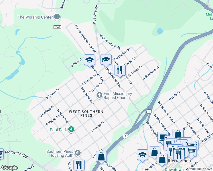 map of restaurants, bars, coffee shops, grocery stores, and more near 1050 West New York Avenue in Southern Pines