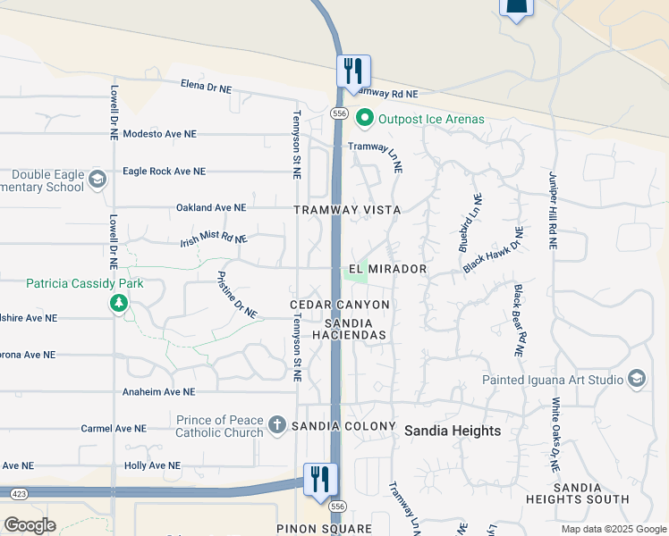 map of restaurants, bars, coffee shops, grocery stores, and more near Tramway Blvd NE & Cedar Hill Rd NE in Albuquerque