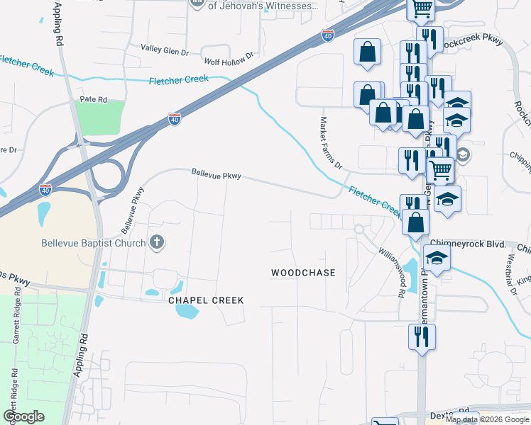 map of restaurants, bars, coffee shops, grocery stores, and more near 2160-2256 Bellevue Parkway in Memphis