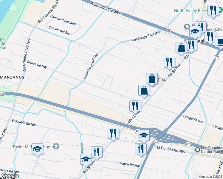 map of restaurants, bars, coffee shops, grocery stores, and more near 8912 8th Street in Albuquerque